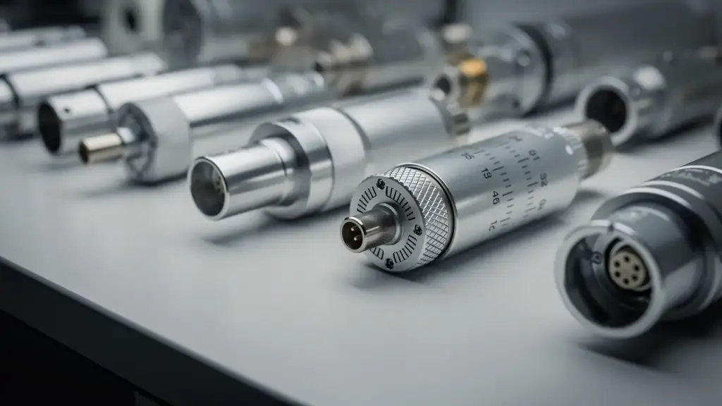 Machined connector barrels and calibrated markings arranged along a bench, shallow depth of field