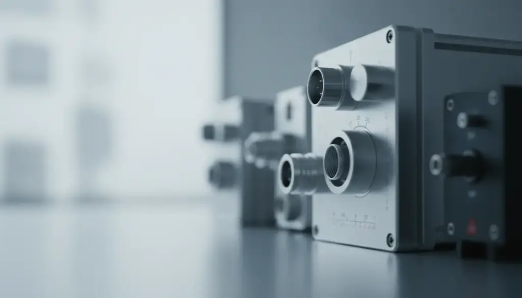 Precision instrumentation housings and connector shells on a laboratory bench under cool raking light